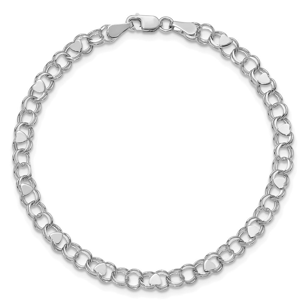 14k White Gold Double Link Heart Charm Bracelet