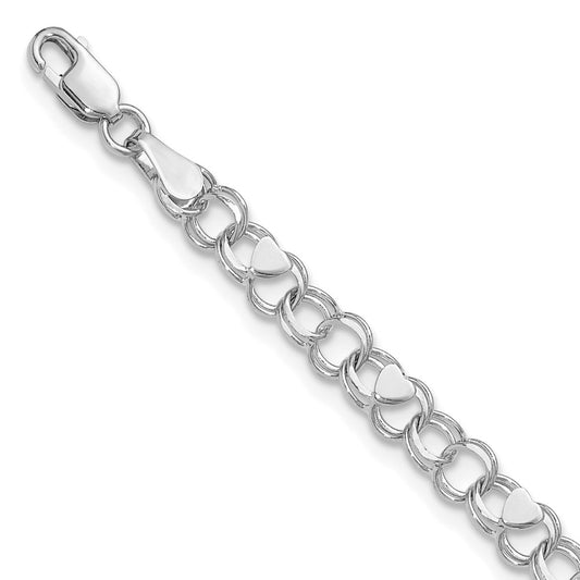 14k White Gold Double Link with Hearts Charm Bracelet