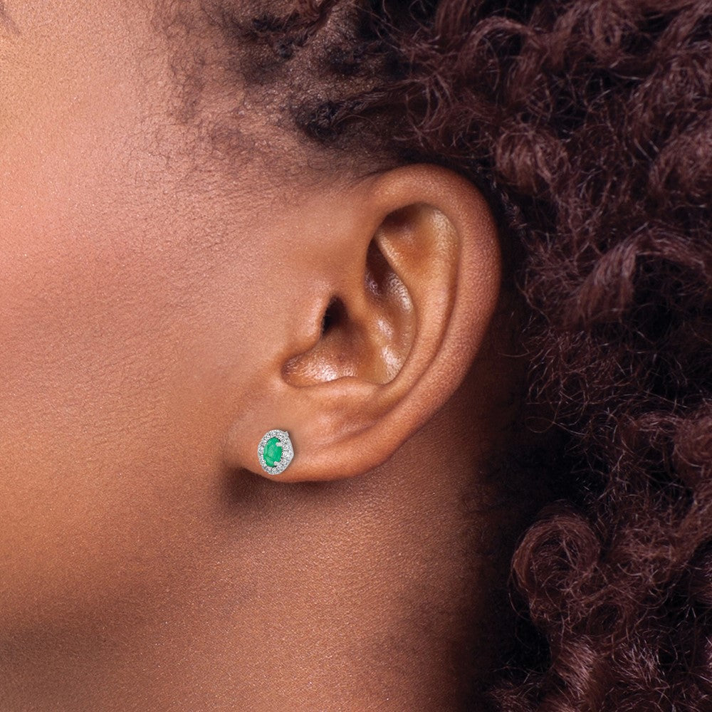 14k White Gold Diamond and Cabochon Emerald Earrings