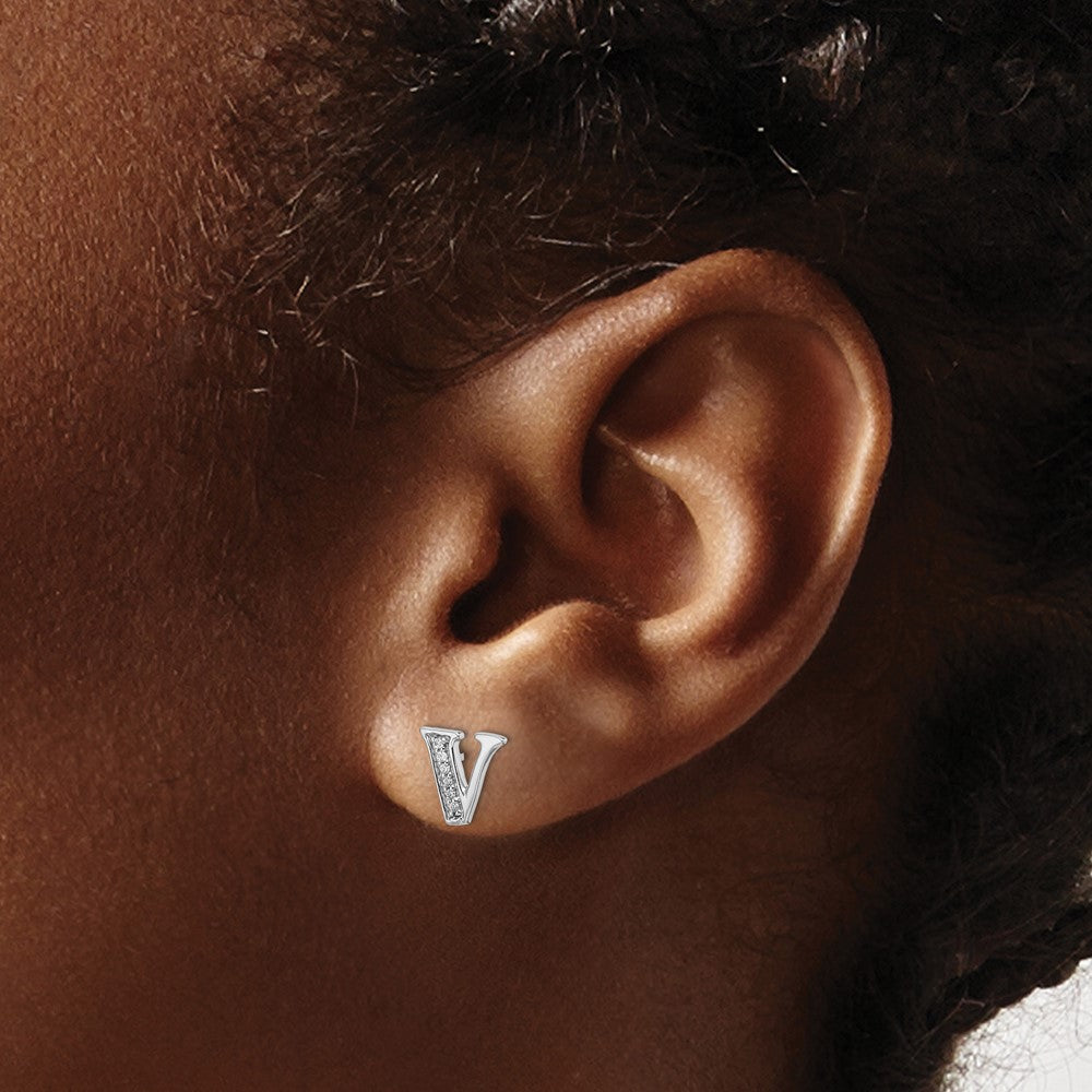 14k White Gold Diamond Initial V Earrings
