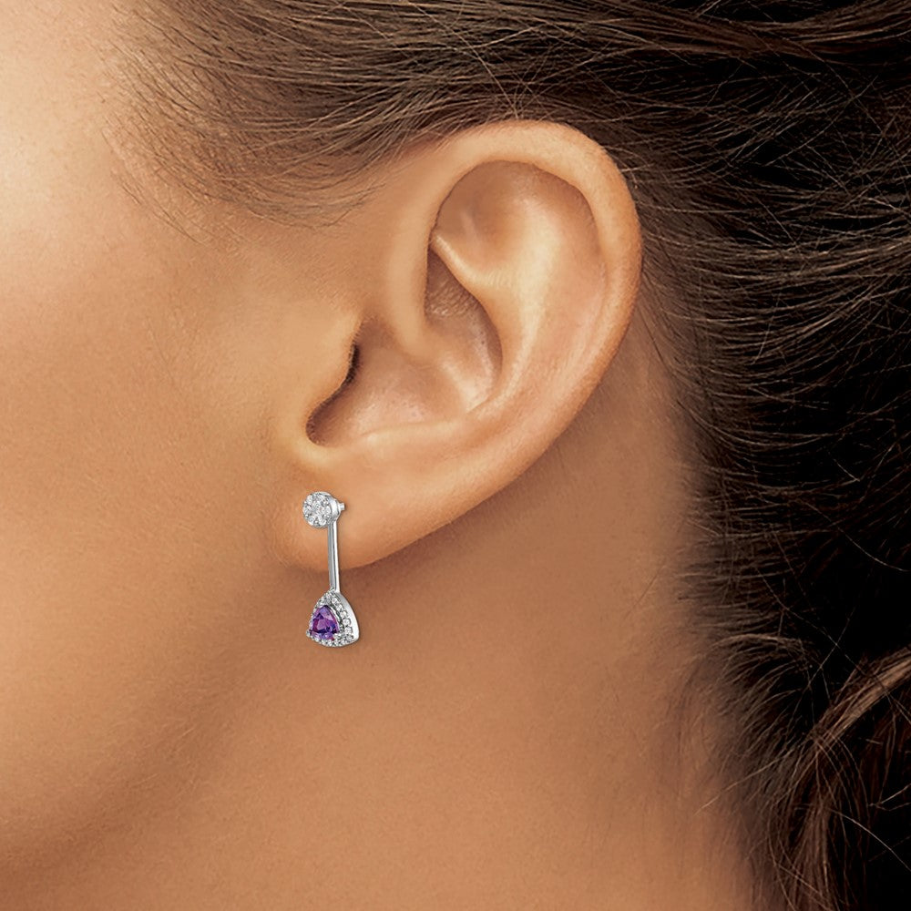 14k White Gold Diamond/Trillion Amethyst Front/Back Earrings