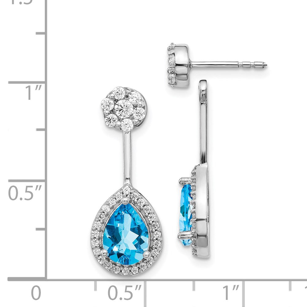 14k White Gold Diamond/Pear Blue Topaz Front/Back Earrings