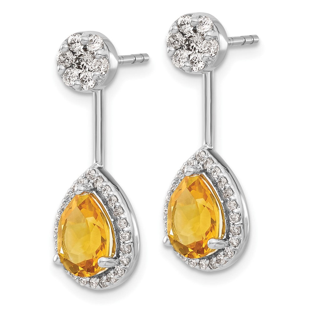 14k White Gold Diamond/Pear Citrine Front/Back Earrings