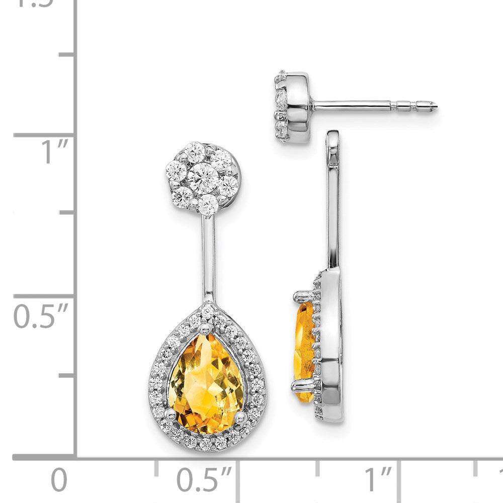 14k White Gold Diamond/Pear Citrine Front/Back Earrings