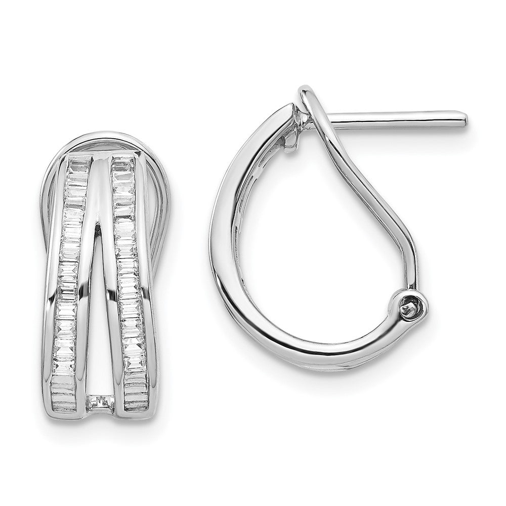 14k White Gold 2-row Baguette Diamond Omega Back Hoop Earrings