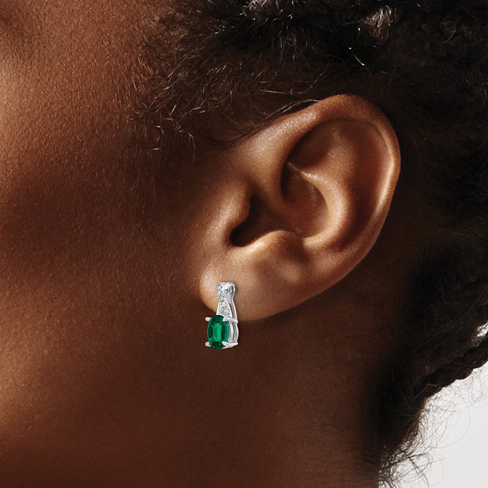 14k White Gold Created Emerald and Diamond Earrings