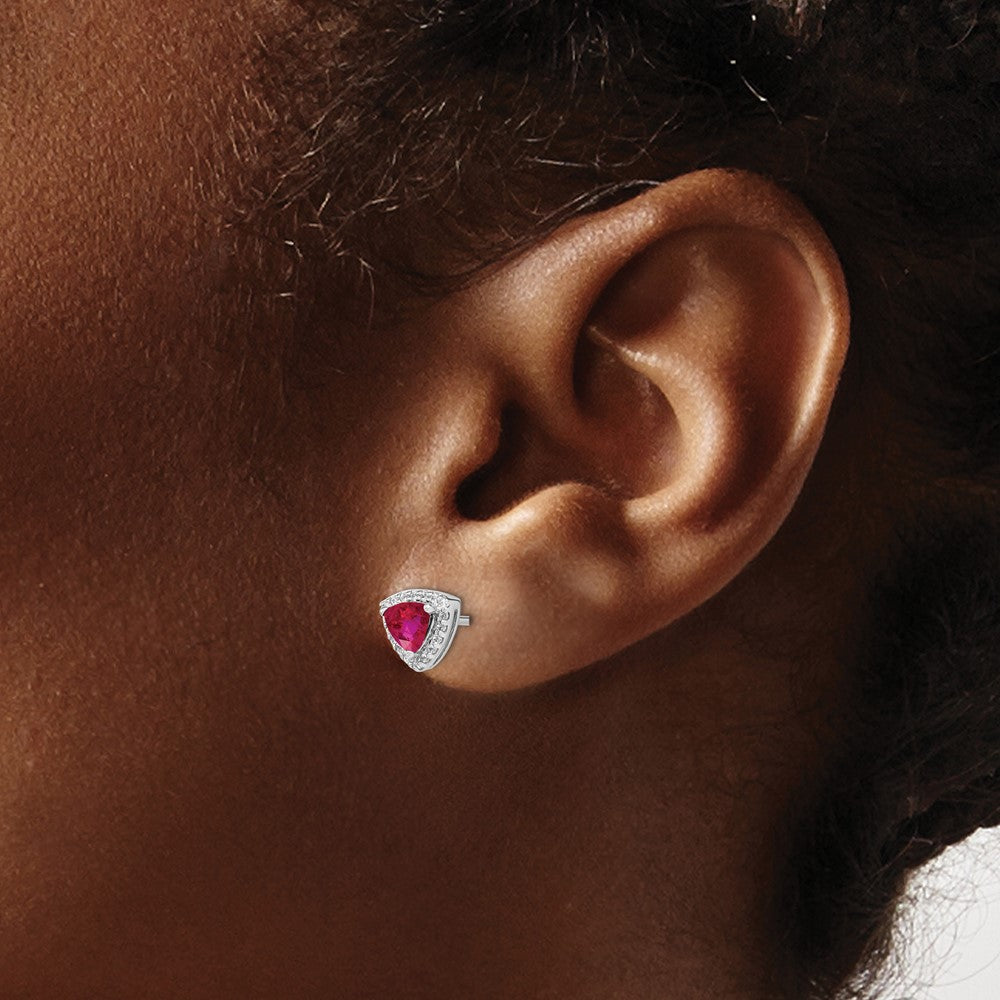 14k White Gold Trillion Ruby and Diamond Halo Earrings