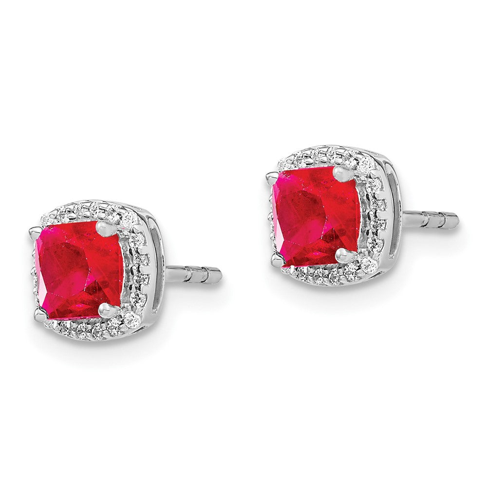 14k White Gold Cushion Ruby and Diamond Halo Earrings