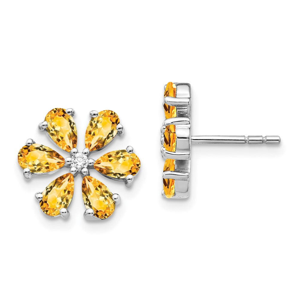 14k White Gold Diamond Citrine Flower Earrings