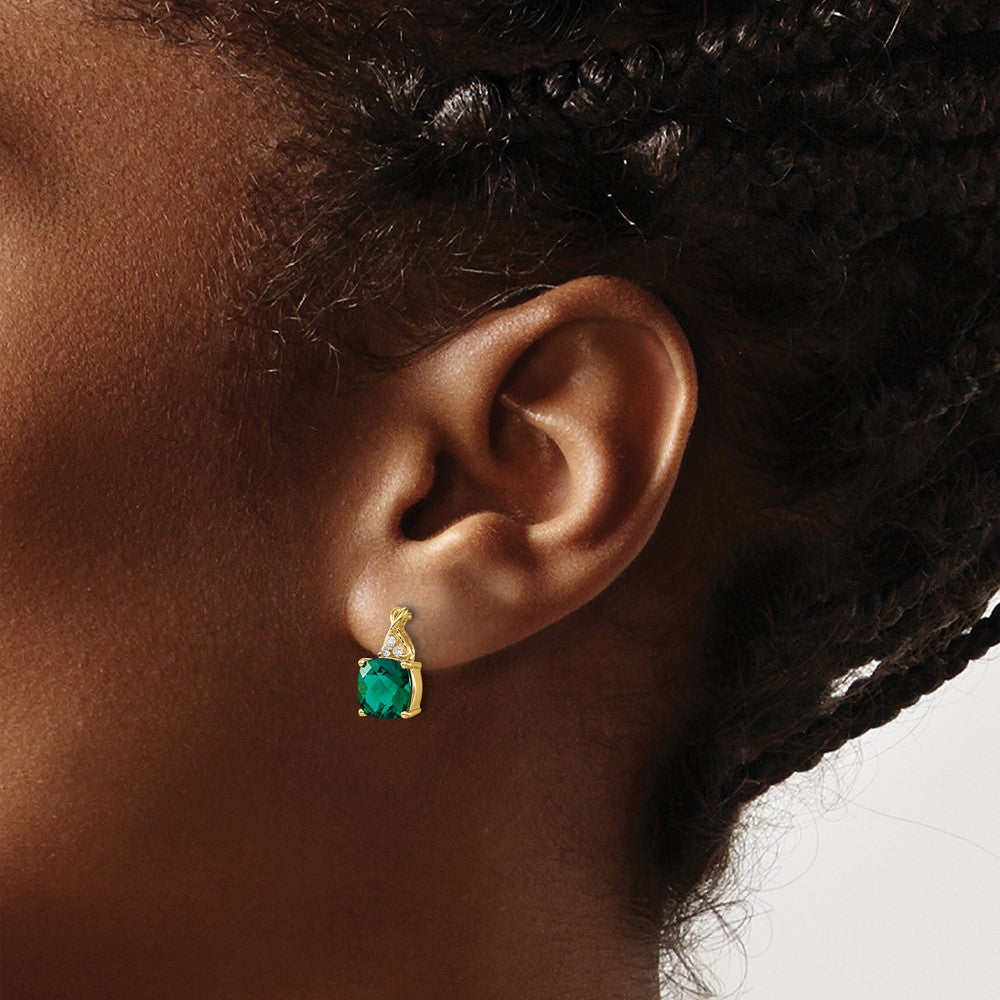 14k Checkerboard Created Emerald and Diamond Earrings