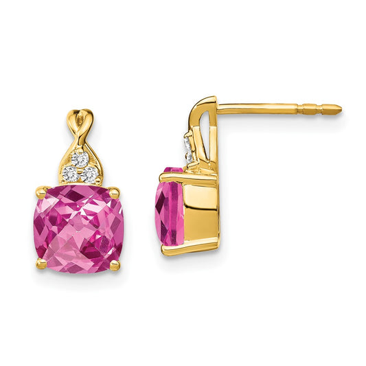 14k Checkerboard Created Pink Sapphire and Diamond Earrings