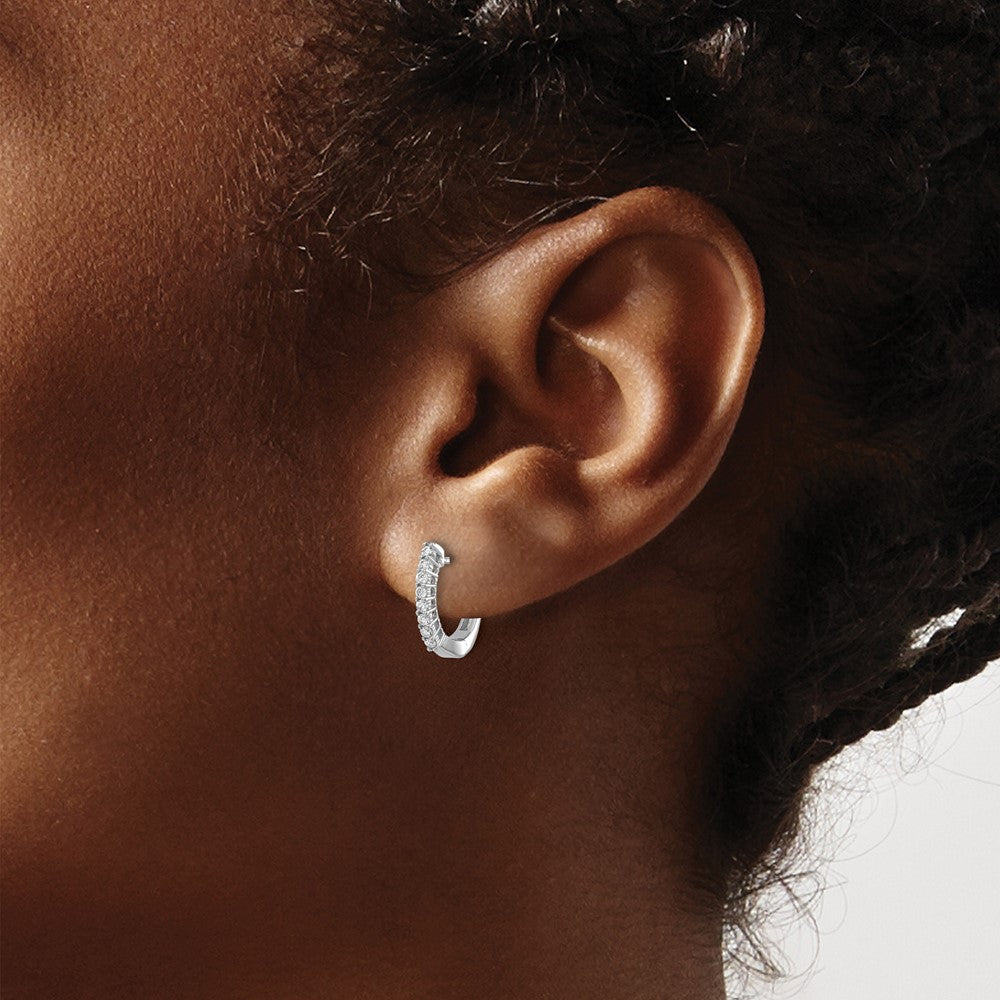 14k White Gold Polished Diamond Hinged Hoop Earrings