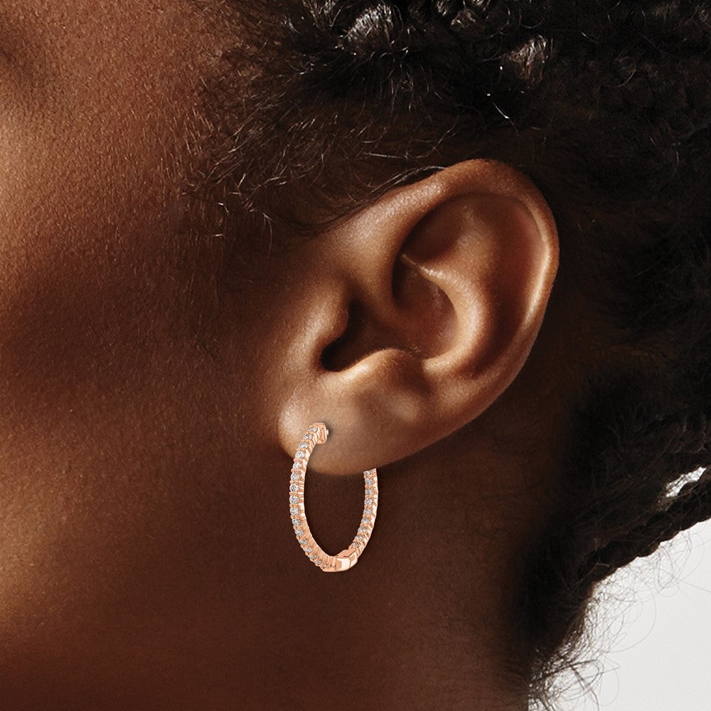 14k Rose Gold Polished Diamond In/Out Hinged Hoop Earrings