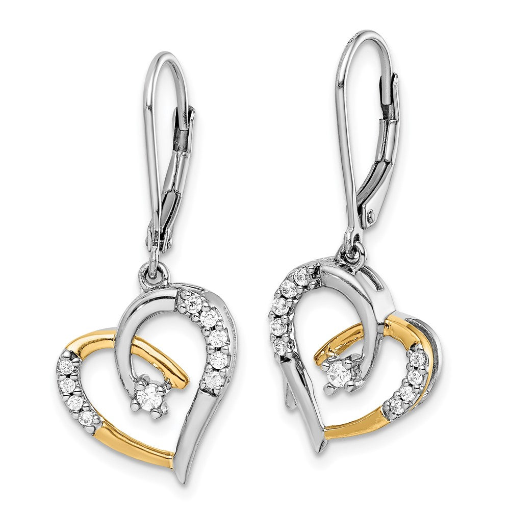 14k Yellow and White Gold Diamond Heart Leverback Earrings