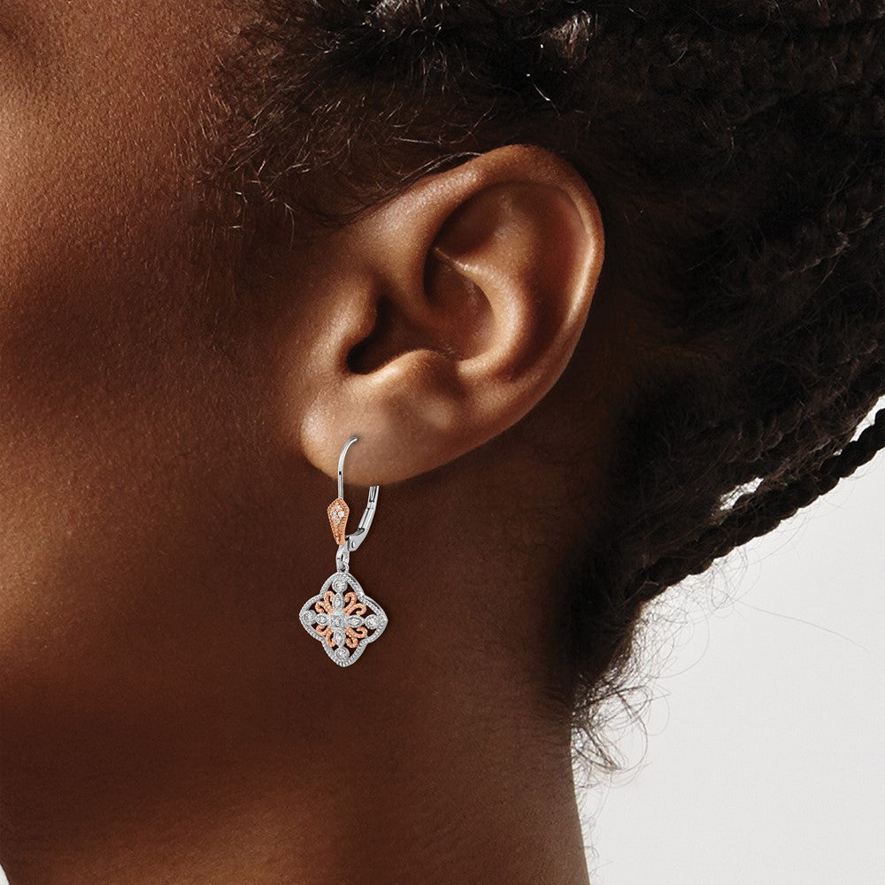 14k White Gold w/Rose Rhodium Diamond Leverback Earrings