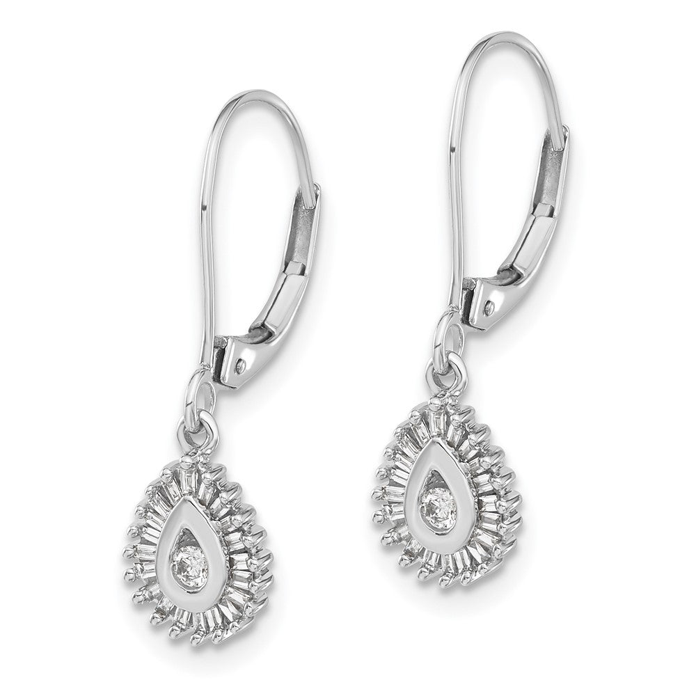 14k White Gold Baguette Diamond Teardrop Halo Leverback Earrings