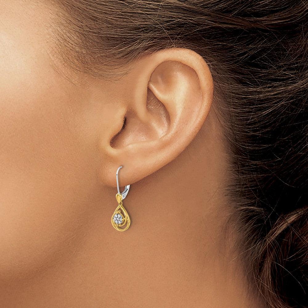 14k Two-tone Diamond Teardrop Dangle Leverback Earrings