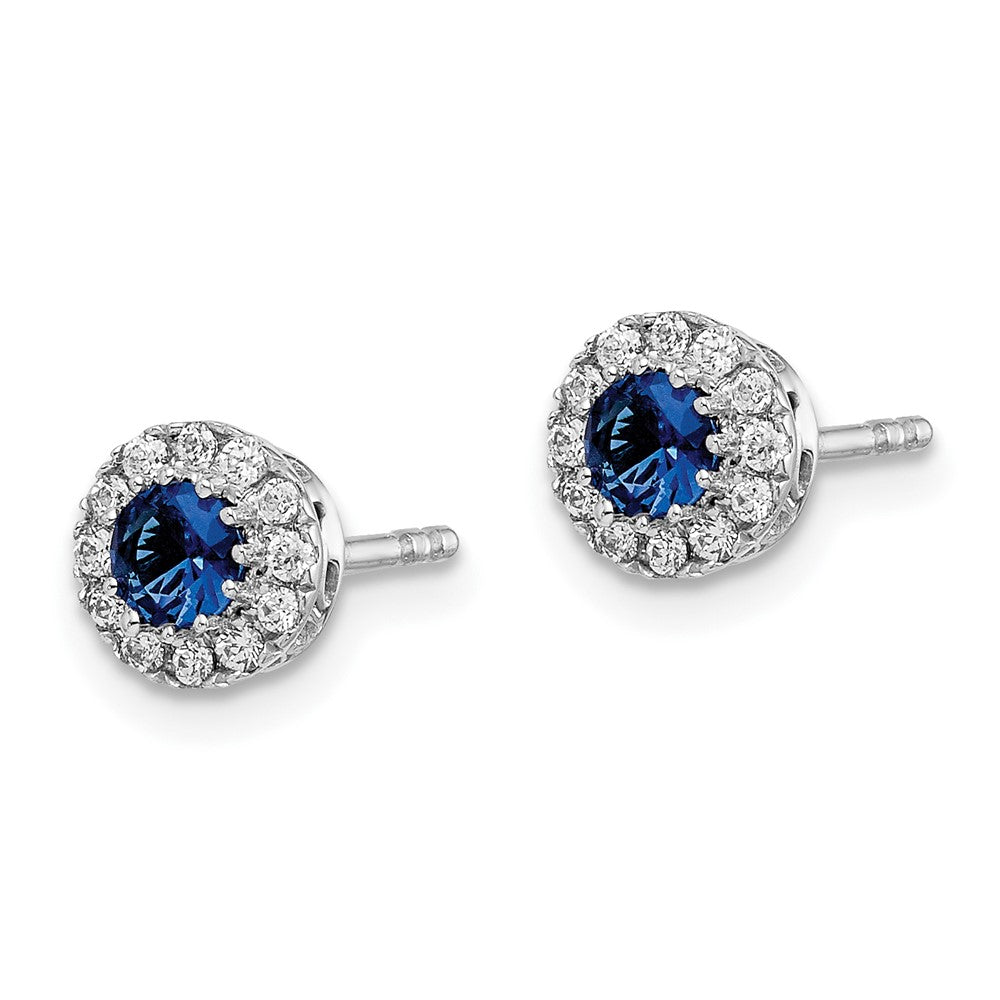 14k White Gold Diamond and Blue Sapphire Halo Post Earrings