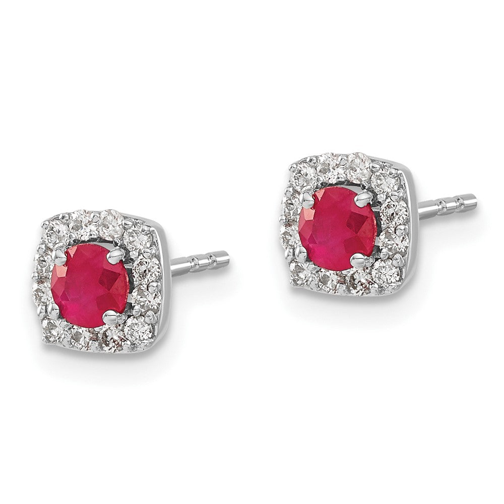 14k White Gold Diamond and Ruby Square Halo Earrings