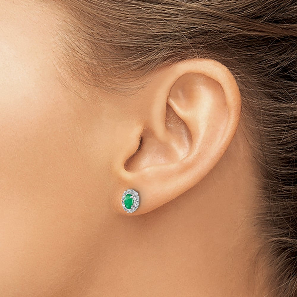 14k White Gold 1/5Ct Diamond and Emerald Oval Halo Earrings