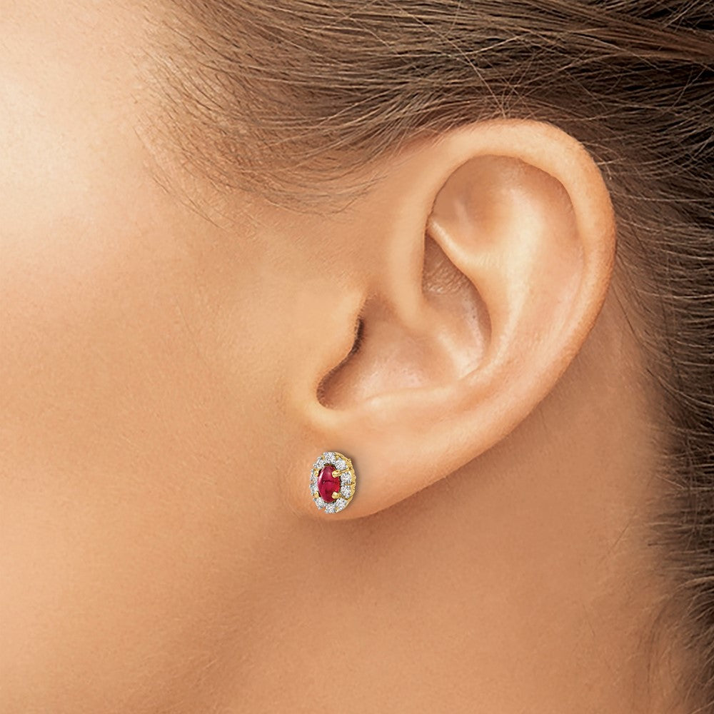 14k Yellow Gold Diamond and Ruby Oval Halo Earrings