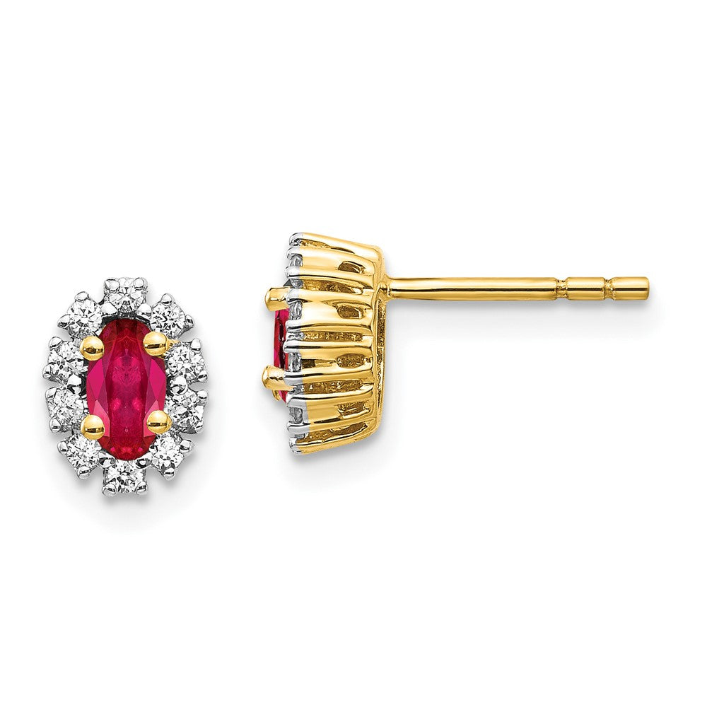 14k Yellow Gold Diamond and Ruby Oval Halo Earrings