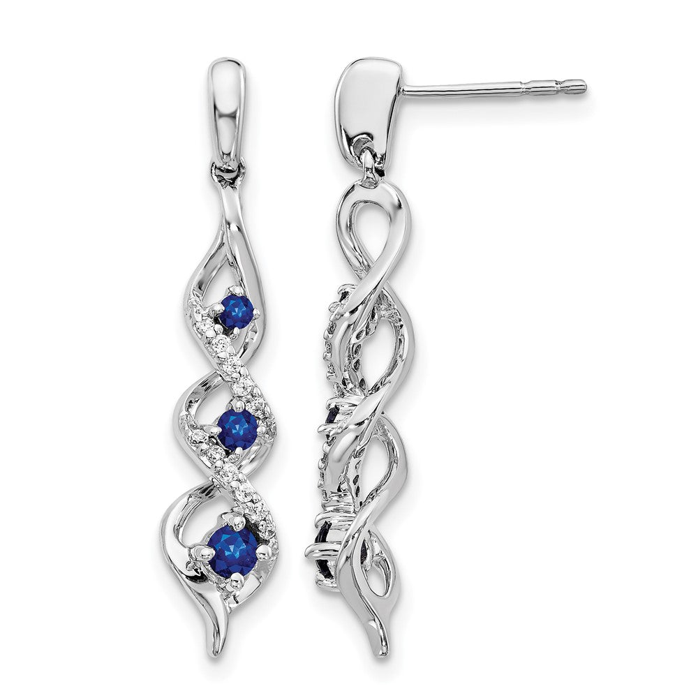 10k White Gold Diamond and Blue Sapphire 3 Stone Post Dangle Earrings