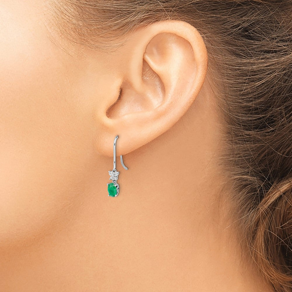 14k White Gold 1/8ct Diamond and Oval Emerald Dangle Earrings