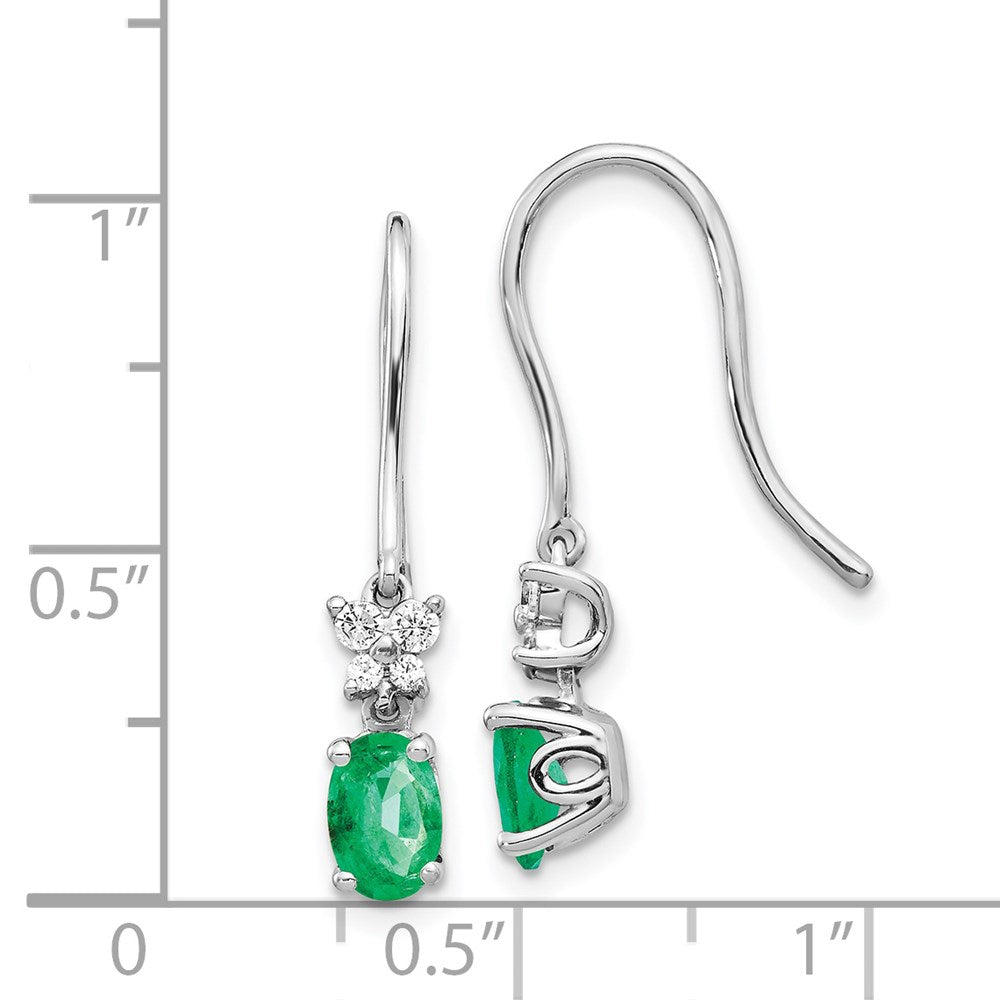 14k White Gold 1/8ct Diamond and Oval Emerald Dangle Earrings