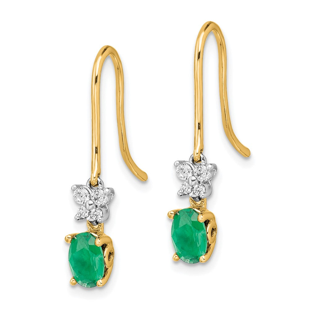 14k Two-tone 1/8ct Diamond and Oval Emerald Shepherd Hook Earrings