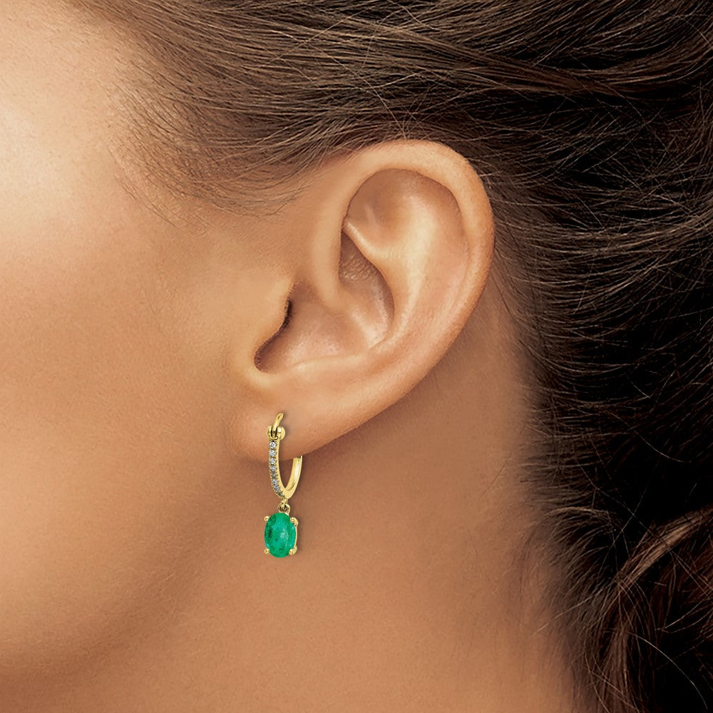 14k 1/10ct Diamond and Emerald Dangle Hoop Earrings