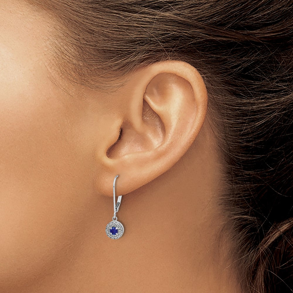 14k White Gold Diamond Halo Sapphire Leverback Dangle Earrings
