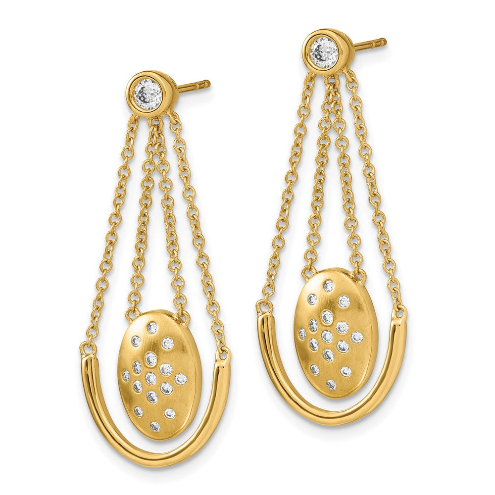 14k Satin/Polished Diamond Oval w/Chain Dangle Post Earrings