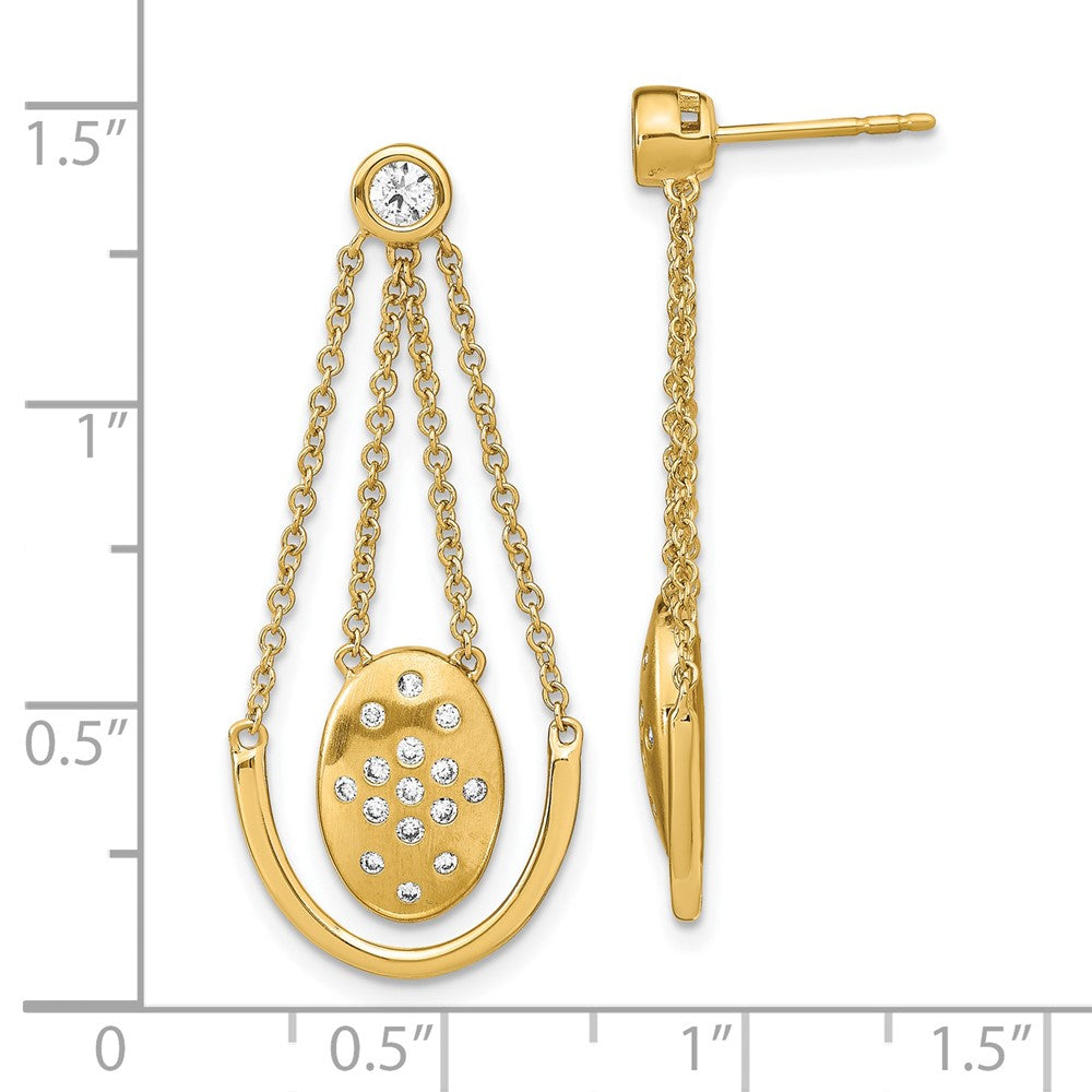 14k Satin/Polished Diamond Oval w/Chain Dangle Post Earrings