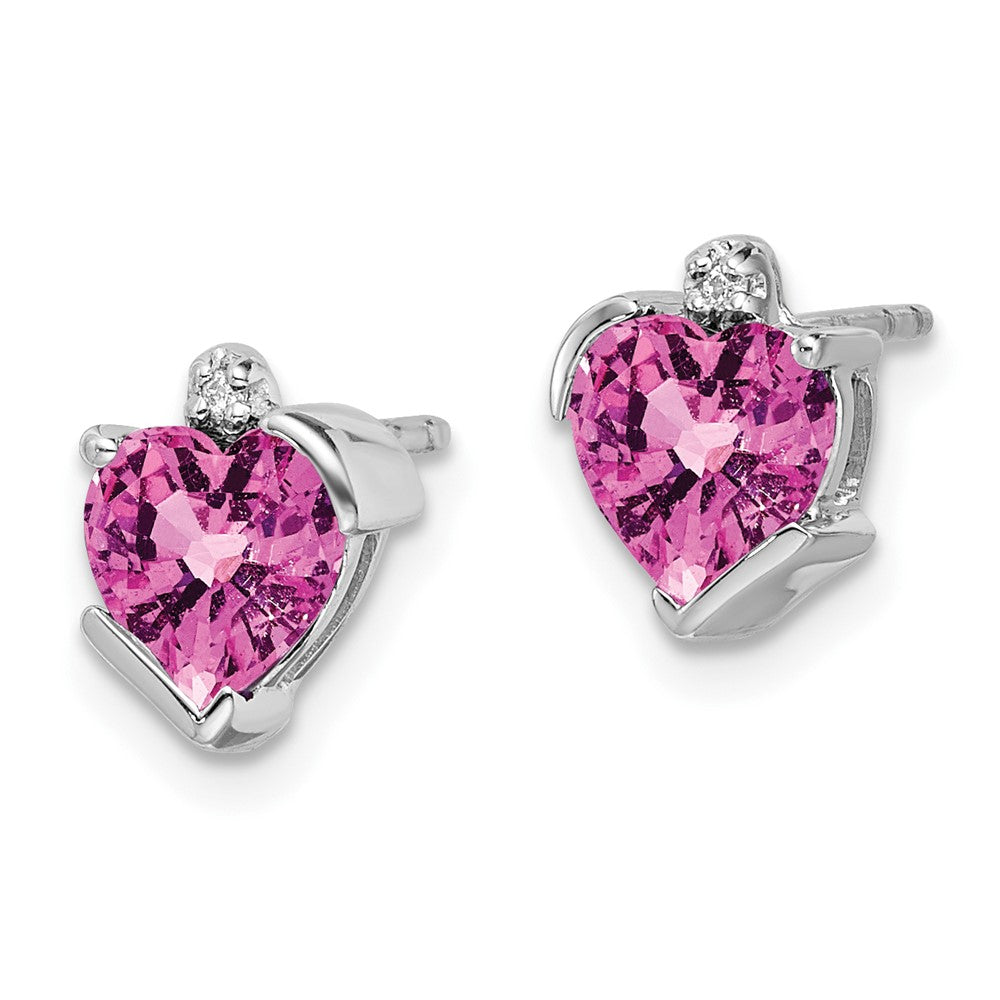 14k White Gold Created Pink Sapphire and Diamond Heart Earrings