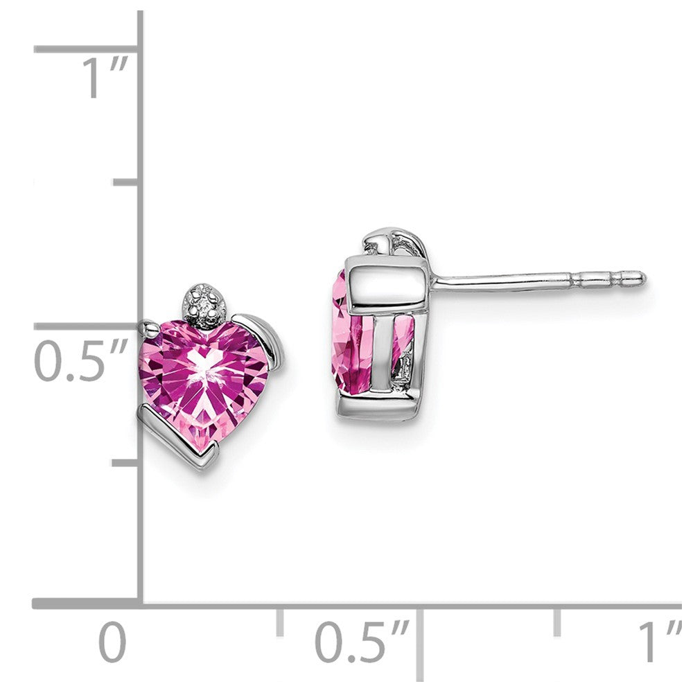 14k White Gold Created Pink Sapphire and Diamond Heart Earrings