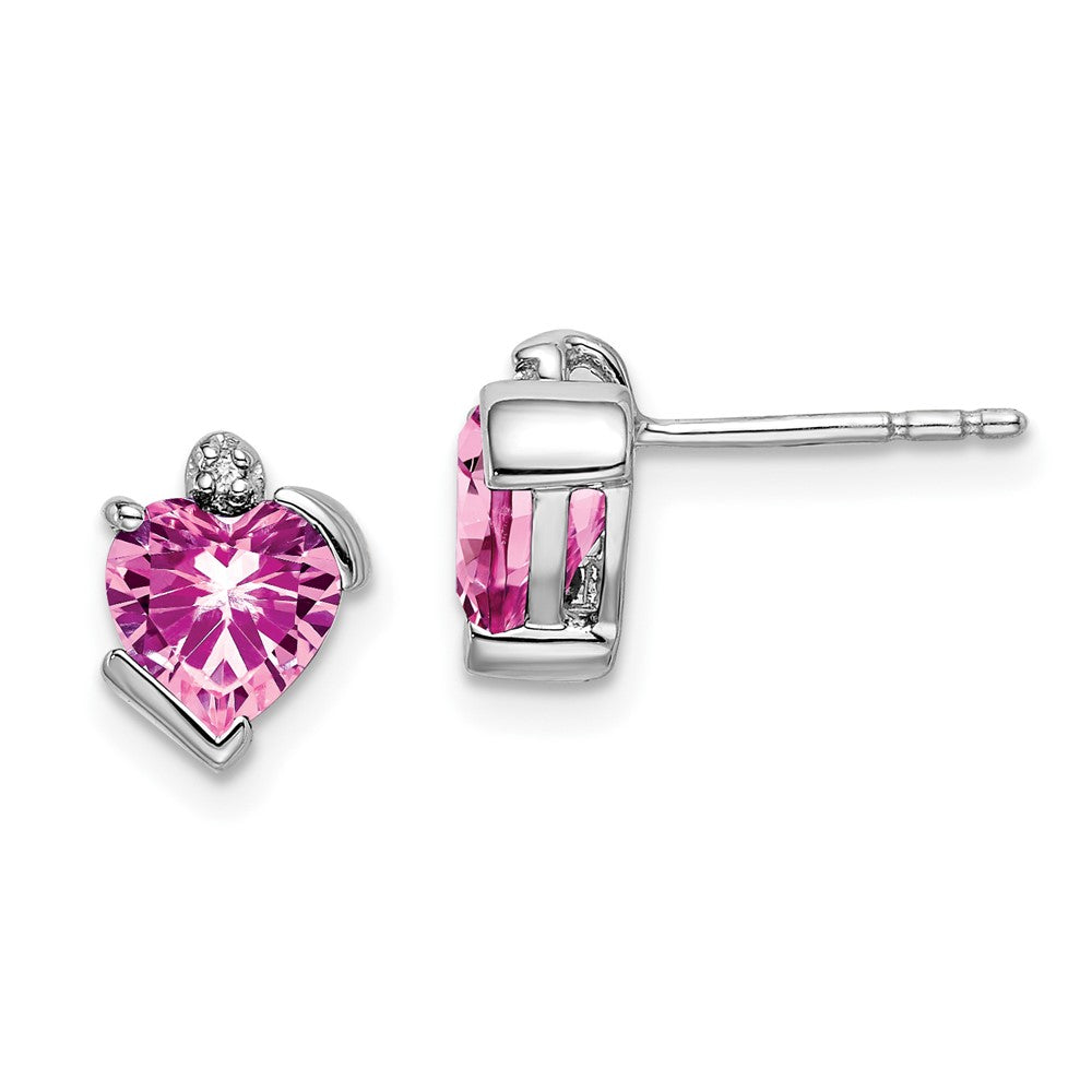 14k White Gold Created Pink Sapphire and Diamond Heart Earrings