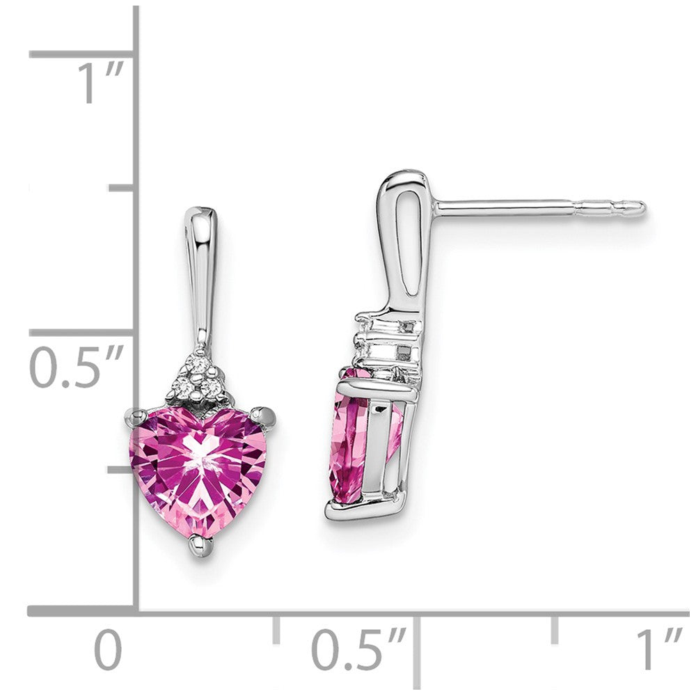 14k White Gold Created Pink Sapphire and Diamond Heart Earrings