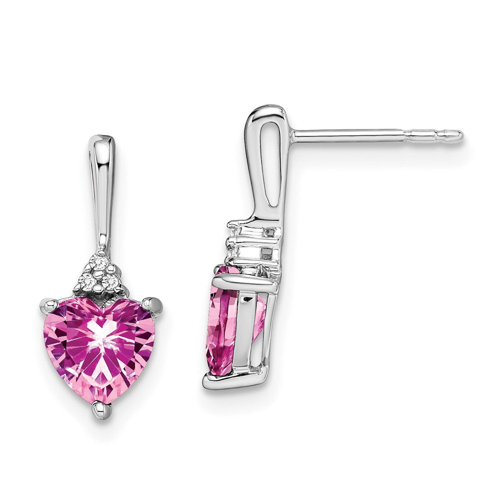14k White Gold Created Pink Sapphire and Diamond Heart Earrings