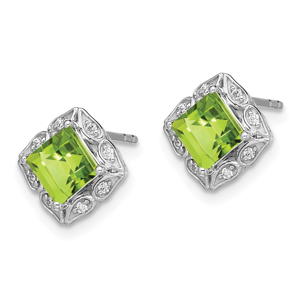 14k White Gold Square Peridot and Diamond Earrings