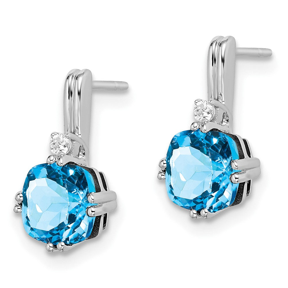 14k White Gold Cushion Blue Topaz and Diamond Earrings