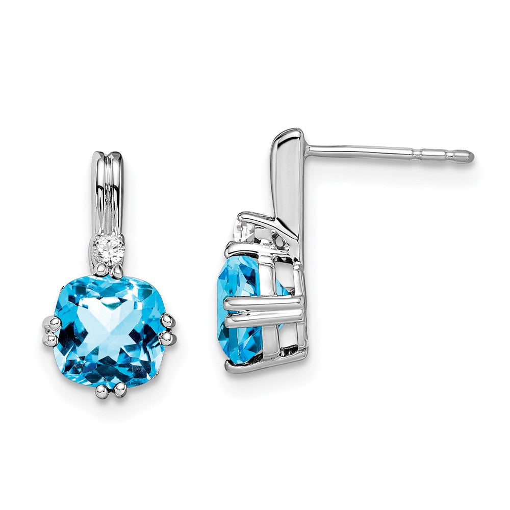 14k White Gold Cushion Blue Topaz and Diamond Earrings