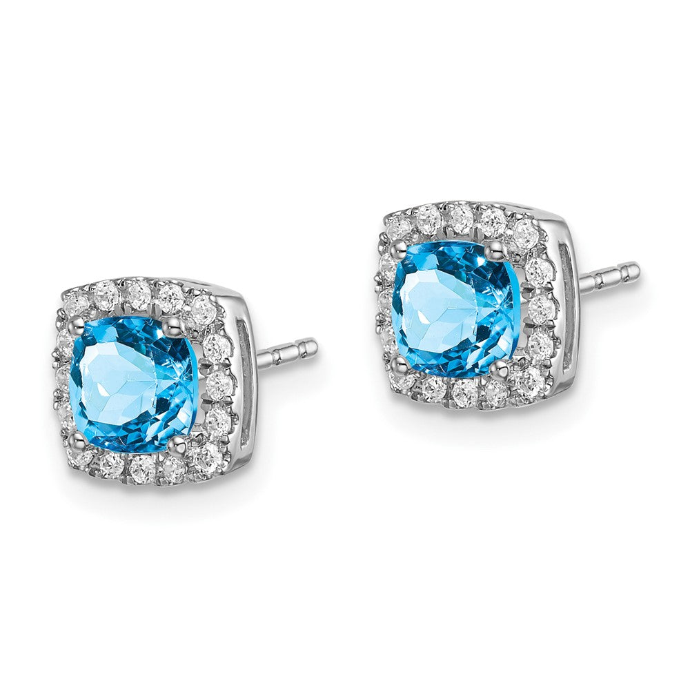 14k White Gold Cushion Blue Topaz and Diamond Halo Earrings