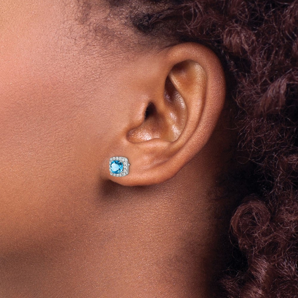 14k White Gold Cushion Blue Topaz and Diamond Halo Earrings
