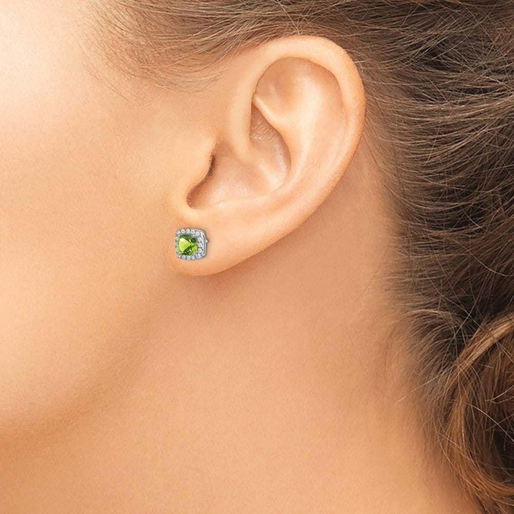 14k White Gold Cushion Peridot and Diamond Halo Earrings