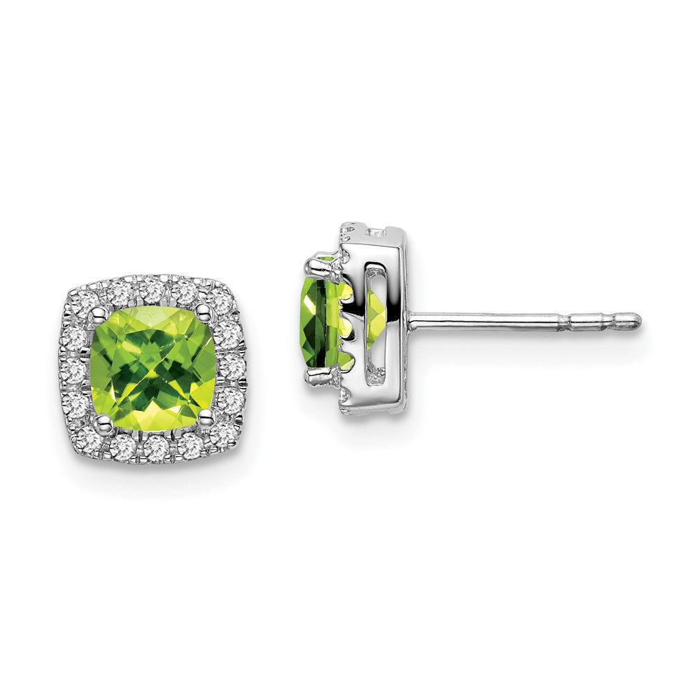 14k White Gold Cushion Peridot and Diamond Halo Earrings