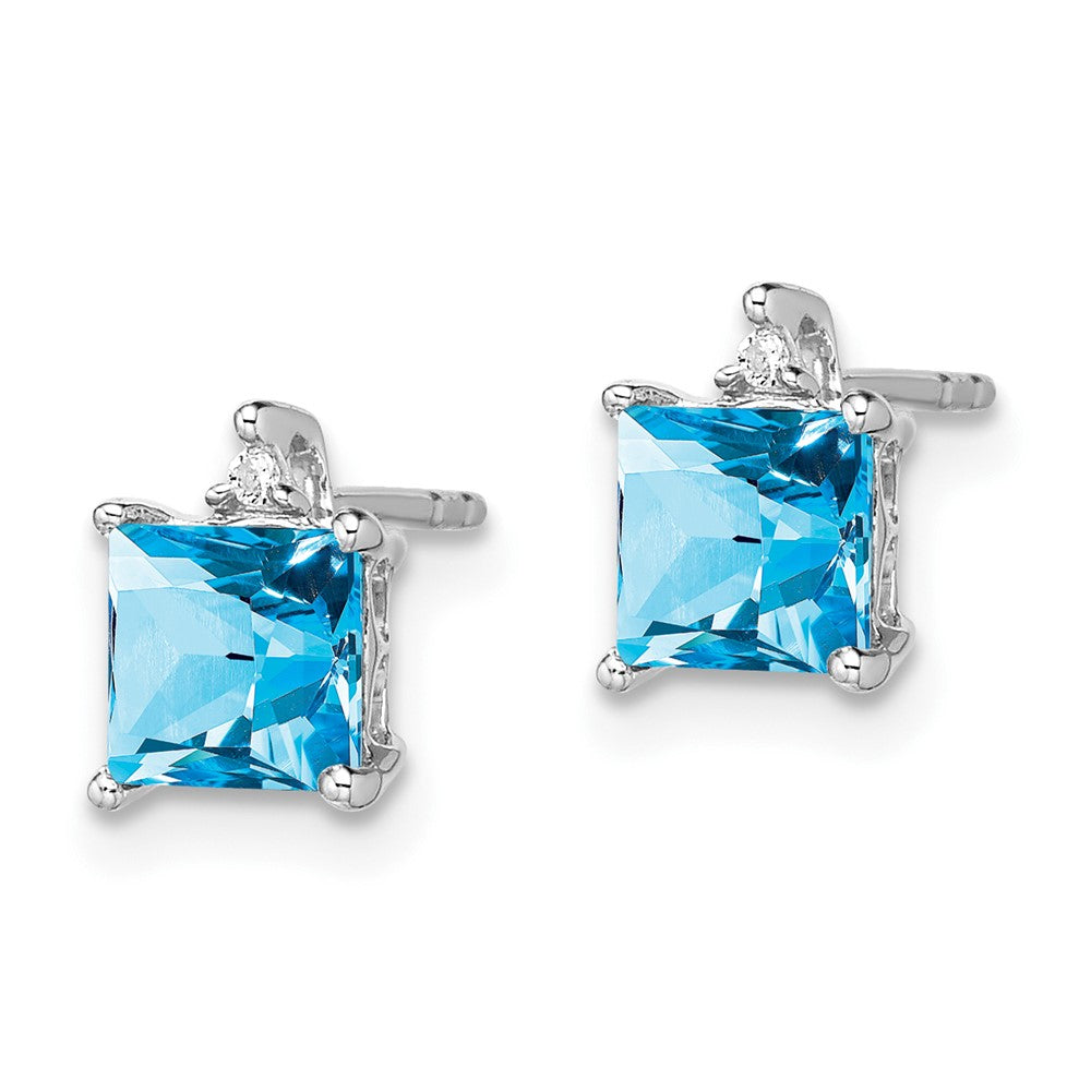 14k White Gold Princess Blue Topaz and Diamond Earrings