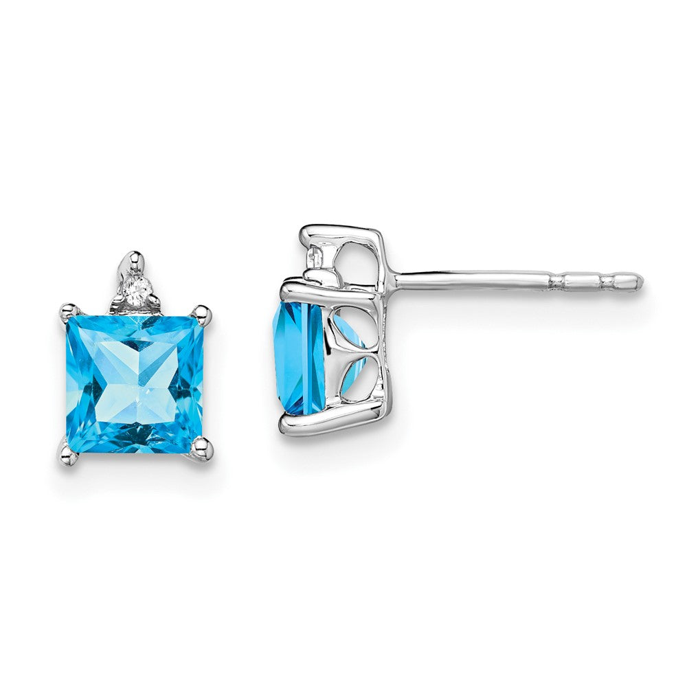14k White Gold Princess Blue Topaz and Diamond Earrings