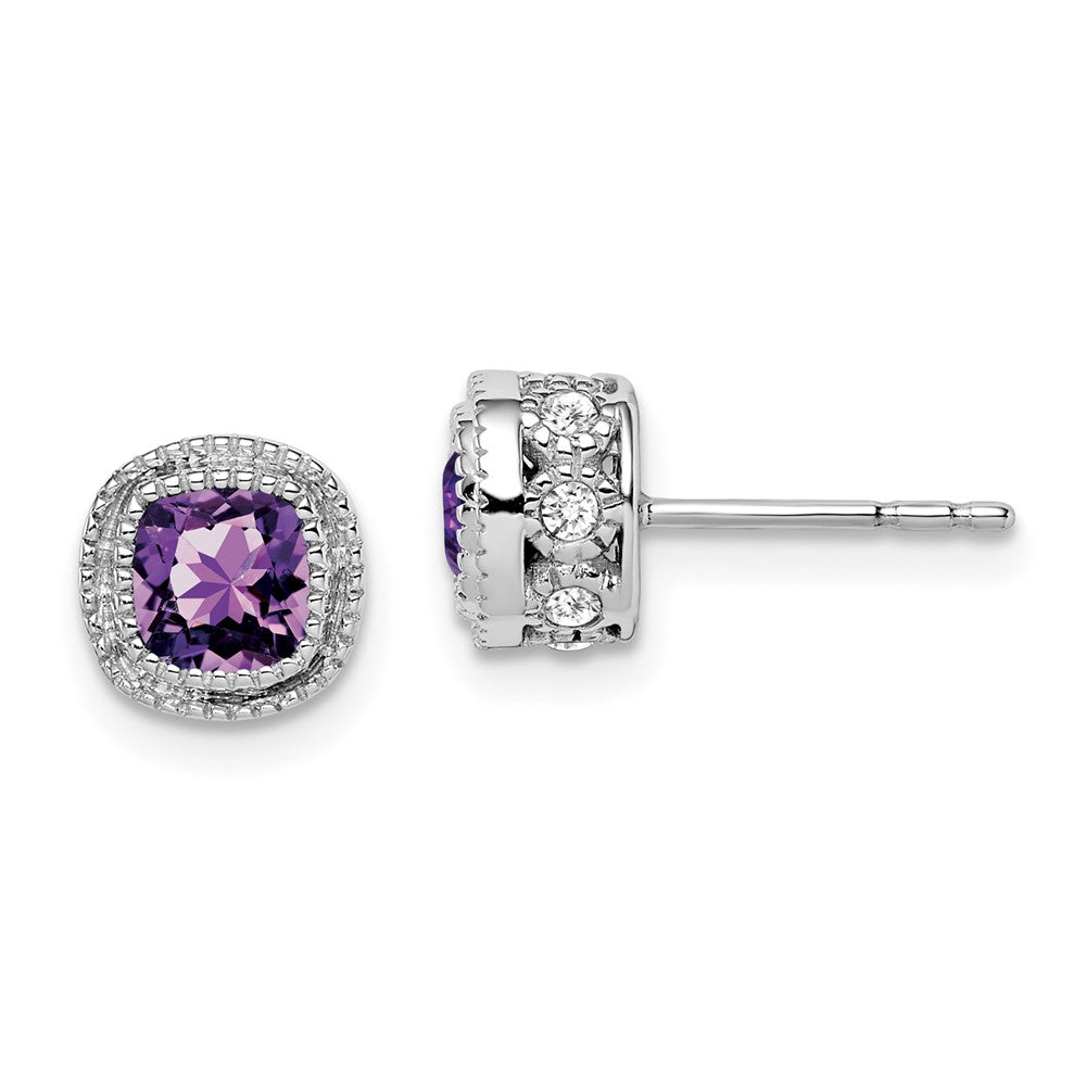 10k White Gold Cushion Amethyst and Diamond Earrings