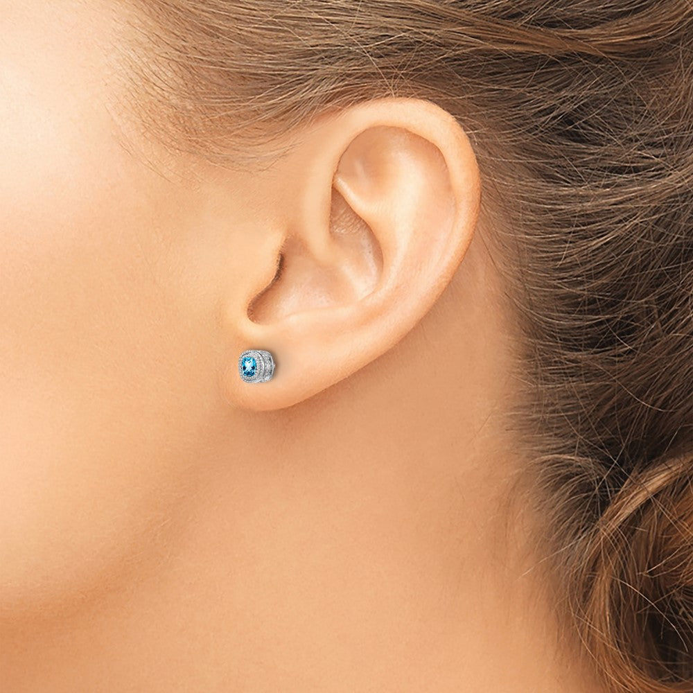 10k White Gold Cushion Blue Topaz and Diamond Earrings